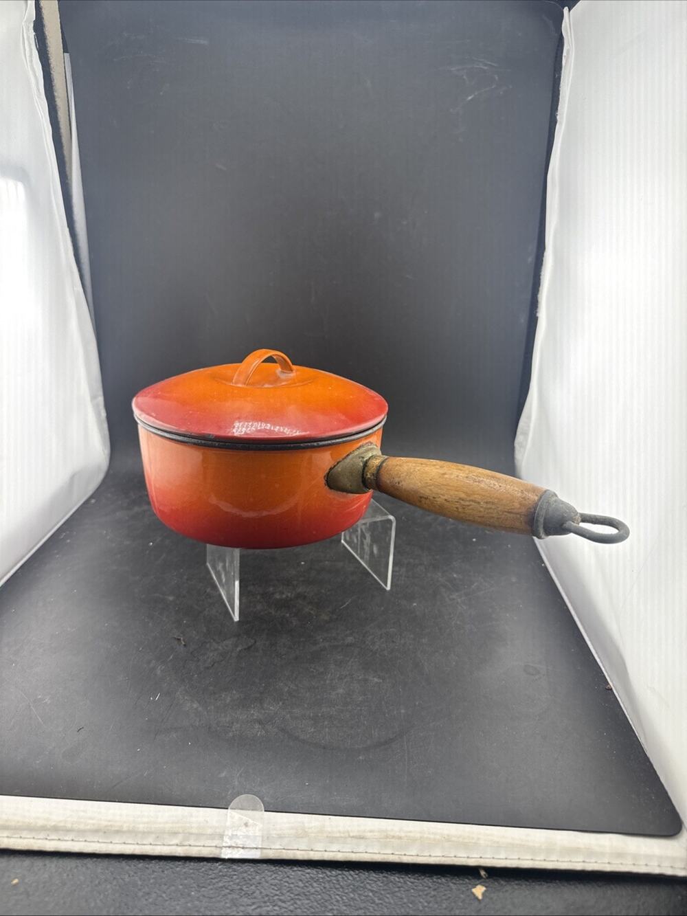 Vintage Descoware Belgium Enamel Cast Iron Saucepan Lid Wood Handle Flame Orange